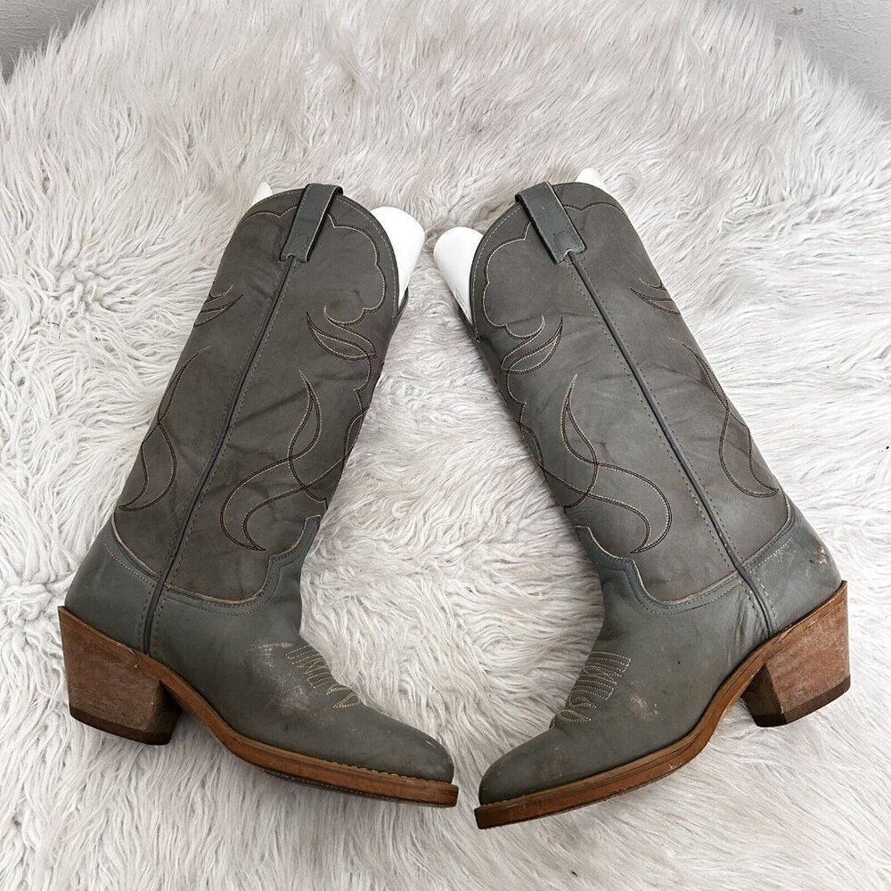 ACME Made in USA Gray Leather Western Cowboy Work Tall Rider Boots Men's 6.5 D - Picture 6 of 9